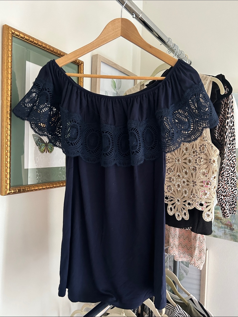 Adrianna Papell M Navy Off-Shoulder Crochet Trim summer top